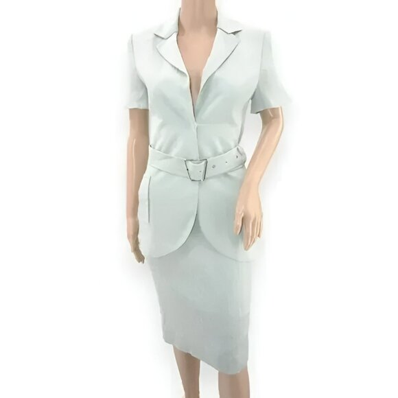 AKRIS Black Label Pastel Mint Pistachio Green Belted Blazer Pencil Skirt Suit 8